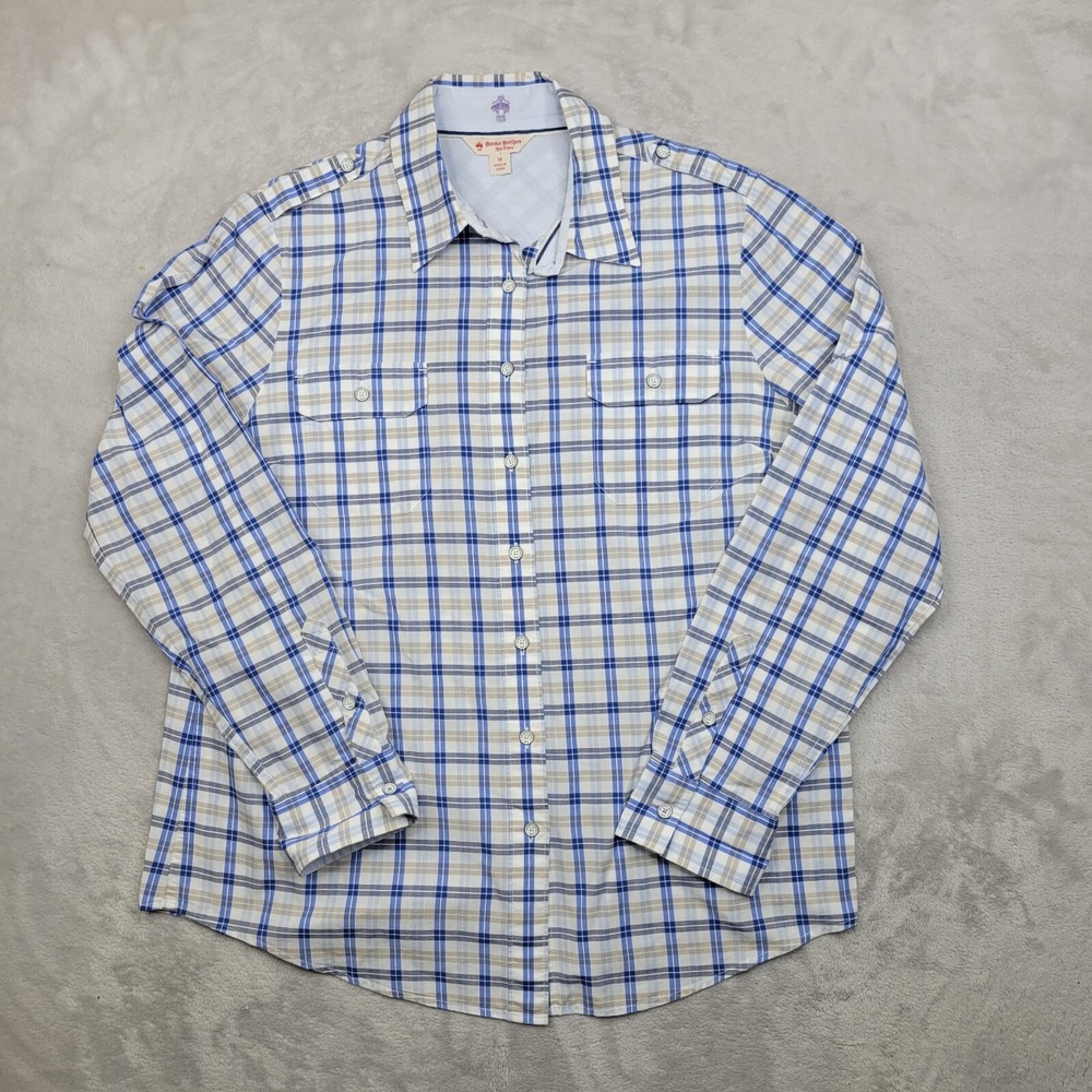 Brooks Brothers Red Fleece Top Women 14 Button Up Collar Plaid Blouse Shirt 1818